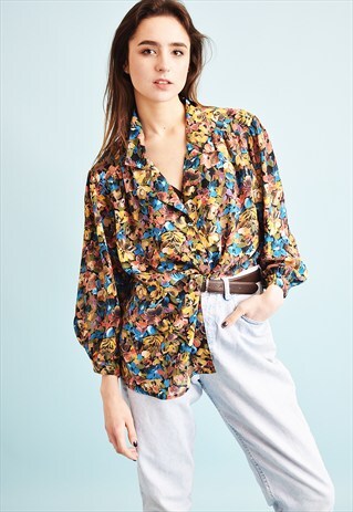 80'S RETRO FLORAL PRINT OVERSIZED SHEER MOMS BLOUSE TOP