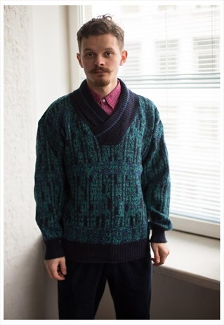 VINTAGE 80'S BLUE/GREEN PATTERNED JUMPER