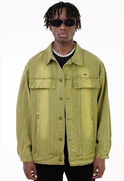 Acid wash denim jacket jean bomber in tie-dye grass green