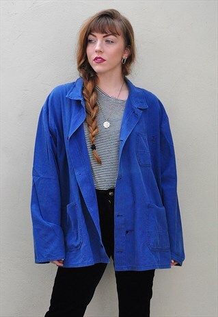 VINTAGE WORKWEAR JACKET OVERSIZED DENIM BLUE FRENCH SHIRT