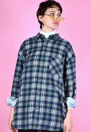 VINTAGE 90S CHECK FLANNEL SHIRT BLUE YELLOW