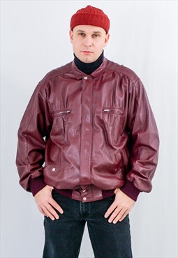 Vintage 90s  bomber jacket in burgundy leather red XL/XXL