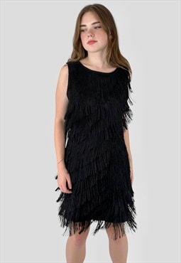 90's Vintage Black Fringed 20's Flapper Sleeveless Dress