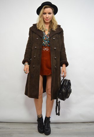 70S DARK BROWN SUEDE SHEEPSKIN FLEECE LINED WINTER COAT