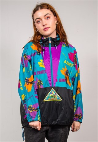 VINTAGE 90'S BLUE PATTERNED CAGOULE JACKET