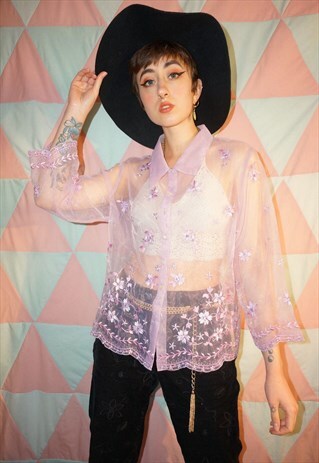 VINTAGE 80S LILAC FLORAL EMBROIDERED SHEER ORGANZA BLOUSE