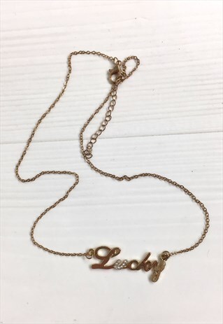 VINTAGE Y2K NECKLACE NAME PLATE LUCKY SLOGAN DIAMANTE 90S