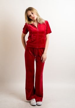 Short Sleeves Velour Tracksuits with hoodie in red