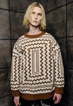Geometric sweater knit retro stripe jumper zigzag top brown