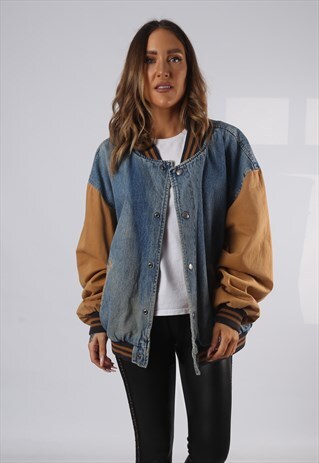 VINTAGE DENIM BOMBER JACKET OVERSIZED FITTED UK 20 3XL (HP1W