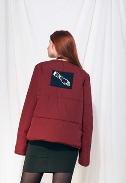 Vintage puffer jacket Y2K reworked patch maroon windbreaker