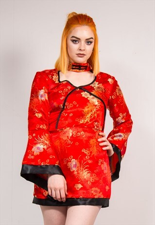 VINTAGE 90'S Y2K RED ORIENTAL STYLE CUTE MINI DRESS