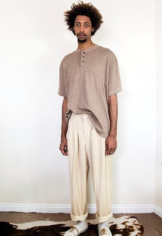 90S MINIMALIST SILK FEEL BEIGE PLEATED TROUSERS 34