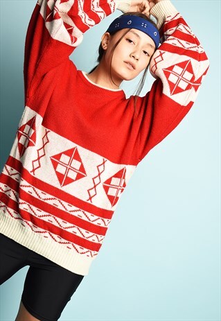 VINTAGE 90'S RETRO ABSTRACT PATTERN KNIT OVERSIZED JUMPER