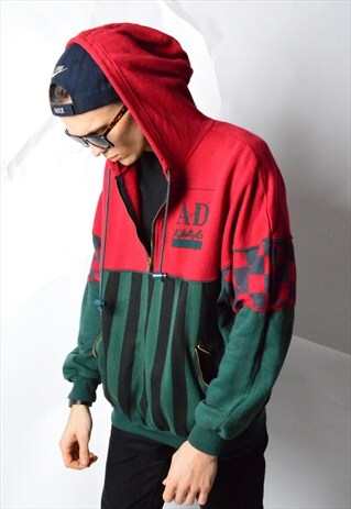 VINTAGE 90S RED GREEN STRIPED 1/3 ZIPPER HOODIE