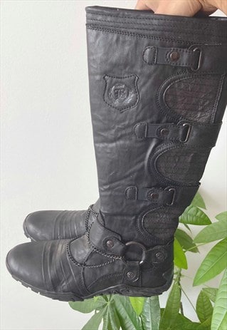 VINTAGE 00'S Y2K BLACK ZIP LONG LEATHER BOXING RACING BOOTS