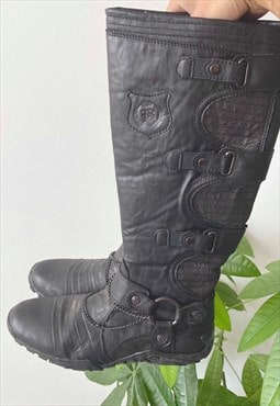 Vintage 00's Y2K Black Zip Long Leather Boxing Racing Boots