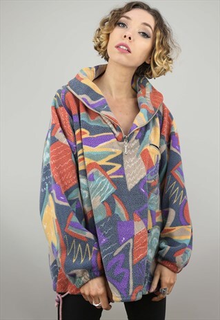 VINTAGE 90S OVERSIZED 1/4 ZIP PATTERNED FLEECE