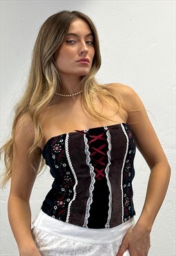 Vintage Y2k Velvet Embroidered Strapless Corset