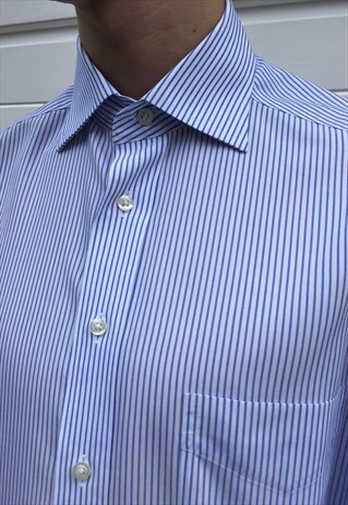 MENS VINTAGE BLUE WHITE STRIPY LONG SLEEVE BUTTON UP SHIRT