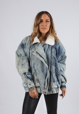 VINTAGE SHERPA DENIM BOMBER JACKET OVERSIZED ACID WASH (EX5J