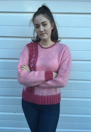 WOMENS VINTAGE 80S JUMPER PINK HANDKNITTED WOOL SWEATER