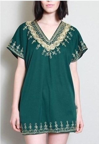 VINTAGE 1990'S EMERALD GREEN AND GOLD EMBROIDERED BOHO TUNIC