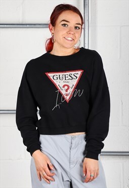 Vintage Guess Sweatshirt in Black Lounge Cropped Jumper XS