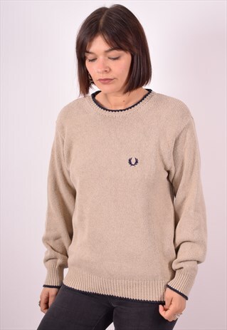 FRED PERRY WOMENS VINTAGE JUMPER SWEATER LARGE BEIGE 90S