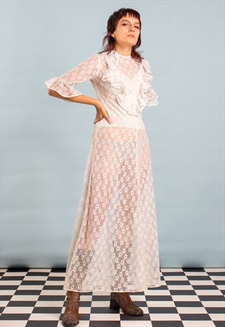 70'S VINTAGE LACE MAXI DRESS RUFFLE FRILL FLOWERED CREAM