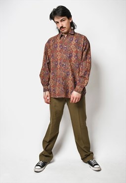 80s abstract patterned men shirt brown multi vintage hipster