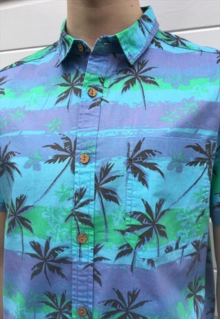 MENS VINTAGE 80S SHIRT BLUE PALM TREE TOP HAWAIIAN SHIRT