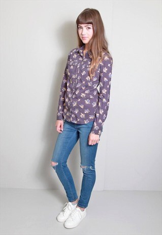 VINTAGE 1990'S CUTE PURPLE FLORAL LIGHTWEIGHT COTTON SHIRT