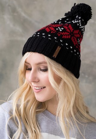 SNOWSTAR BEANIE HAT FAIR ISLE KNITTED PRETTY CUTE KNIT BLACK