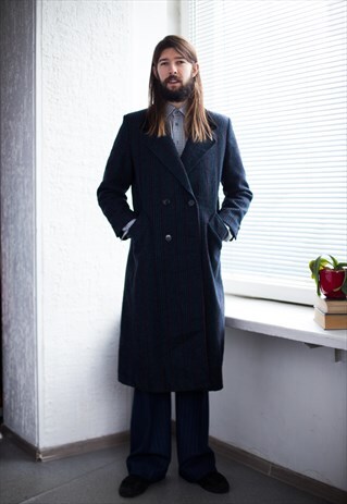 VINTAGE 70'S BLUE WOOL VELVET COLLAR DOUBLE BREASTED COAT