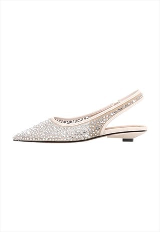 Mesh Round Heel Rhinestone Slingback Flats