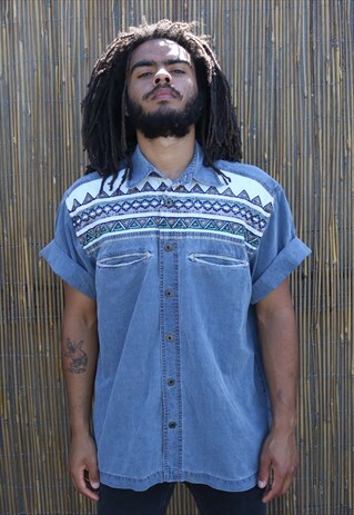 VINTAGE DENIM AZTEC CHEST PIECE SHIRT