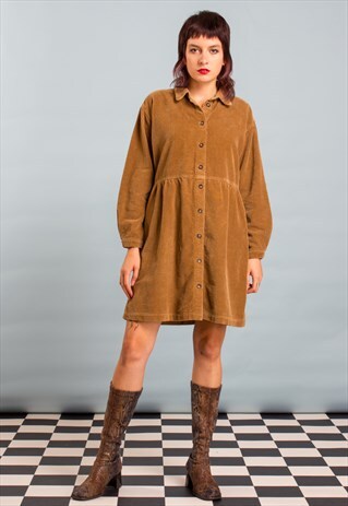 90'S VINTAGE CORDUROY DRESS SHIRT DRESS HIPPY BOHO TAN BROWN