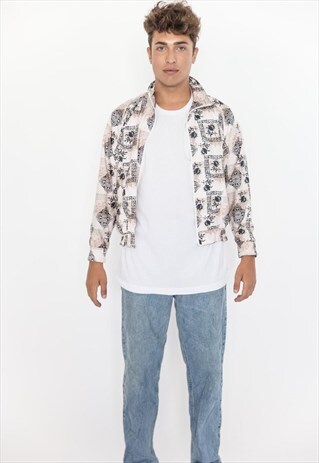 VINTAGE 80S BEIGE WHITE BLACK BOMBER JACKET