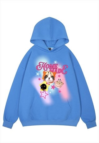 GRUMPY CAT HOODIE PSYCHEDELIC PULLOVER KITTY TOP IN BLUE