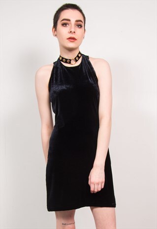 VINTAGE 90'S BLACK VELVET SLEEVELESS HALTERNECK MINI DRESS