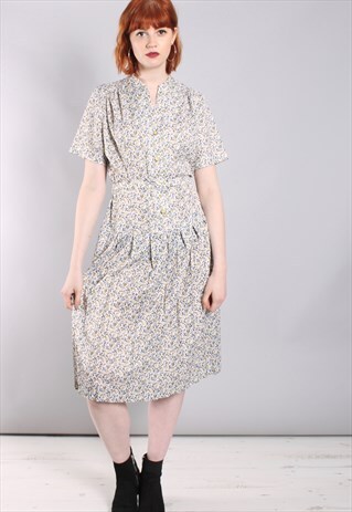 VINTAGE 80S FLORAL PATTERNED BELTED PLEATED DRESS