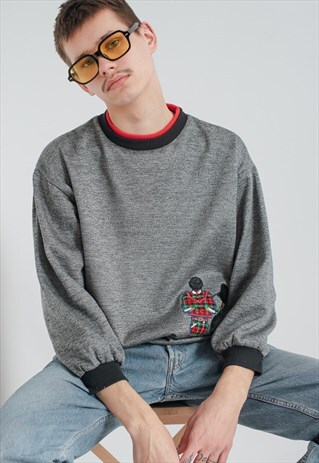 VINTAGE 90S BOXY FIT EMBROIDERED JUMPER IN GREY UNISEX S
