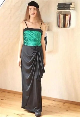 Black and green glittery top prom evening dress with straps