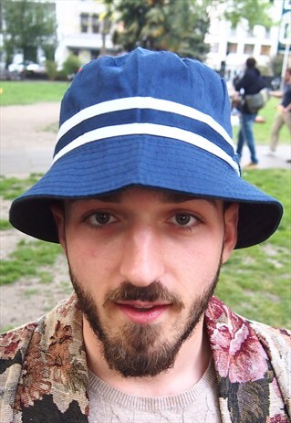 BLUE BUCKET HAT WITH WHITE STRIPES