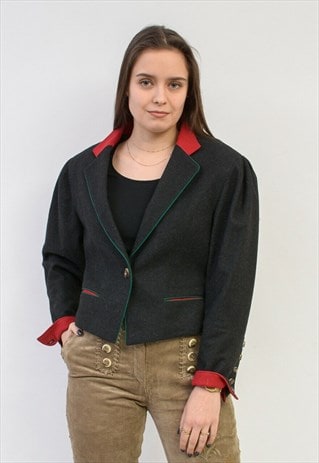 VINTAGE WOMEN'S S BLAZER WOOL JACKET TRACHTEN CARDIGAN BLACK