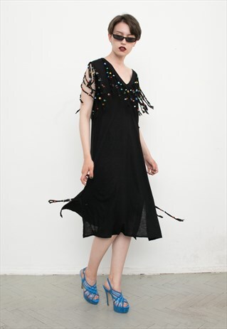 VINTAGE DRESS BLACK BEADED FRINGE MIDI V-NECK RETRO PARTY