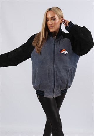 VINTAGE NFL SUEDE LEATHER BOMBER JACKET BRONCOS L (KAB)