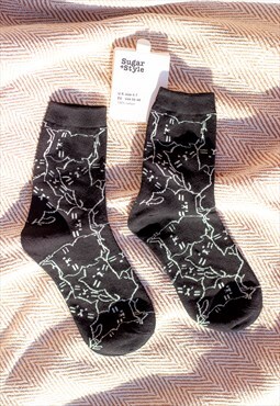 Black Cute Cat Print Socks