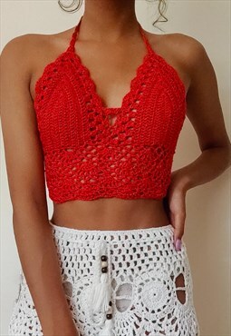 Arielle Red/Orange Crochet festival tie back crop top 